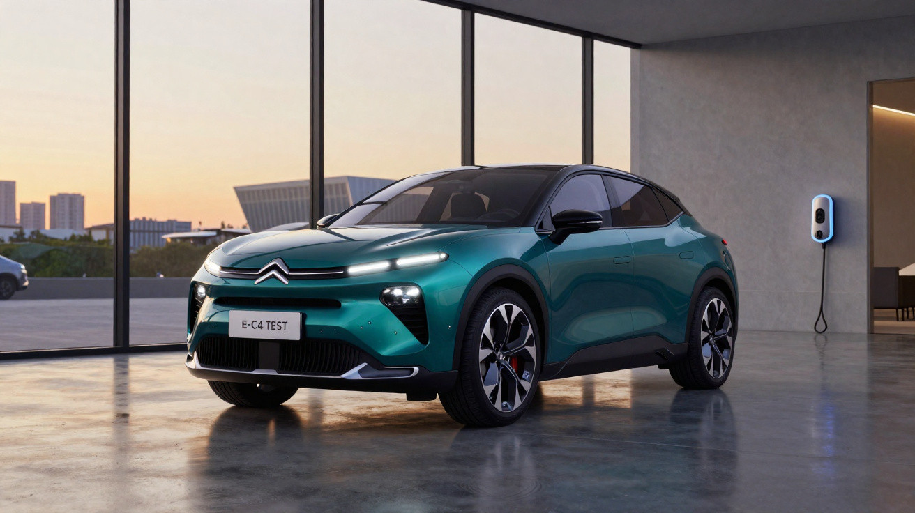 Carro elétrico Citroën E-C4 Test na cor verde escuro, estacionado dentro de garagem moderna com tomada de recarga.