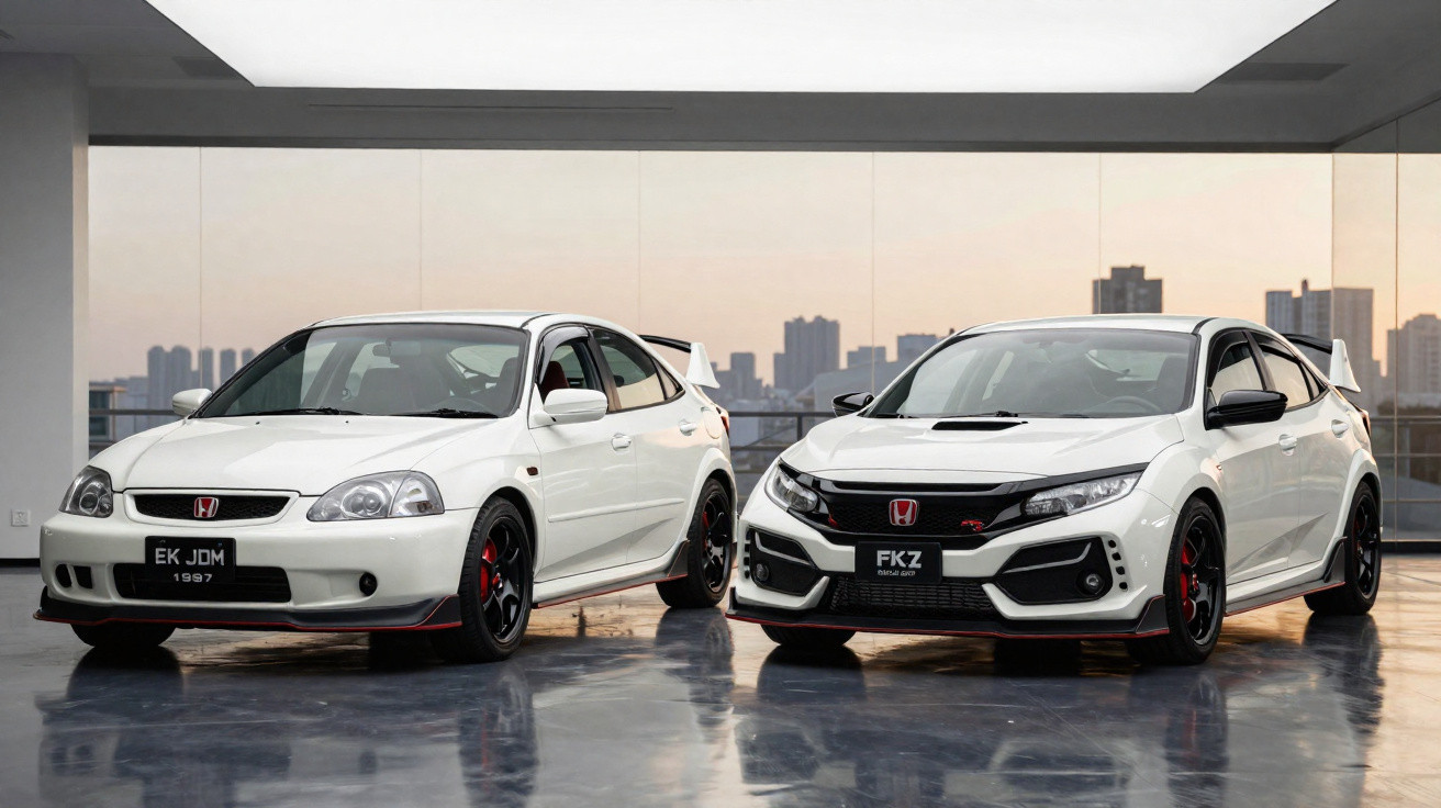 Dois carros Honda Civic Type R brancos, modelo 1997 e modelo mais recente, exibidos em ambiente interno moderno.