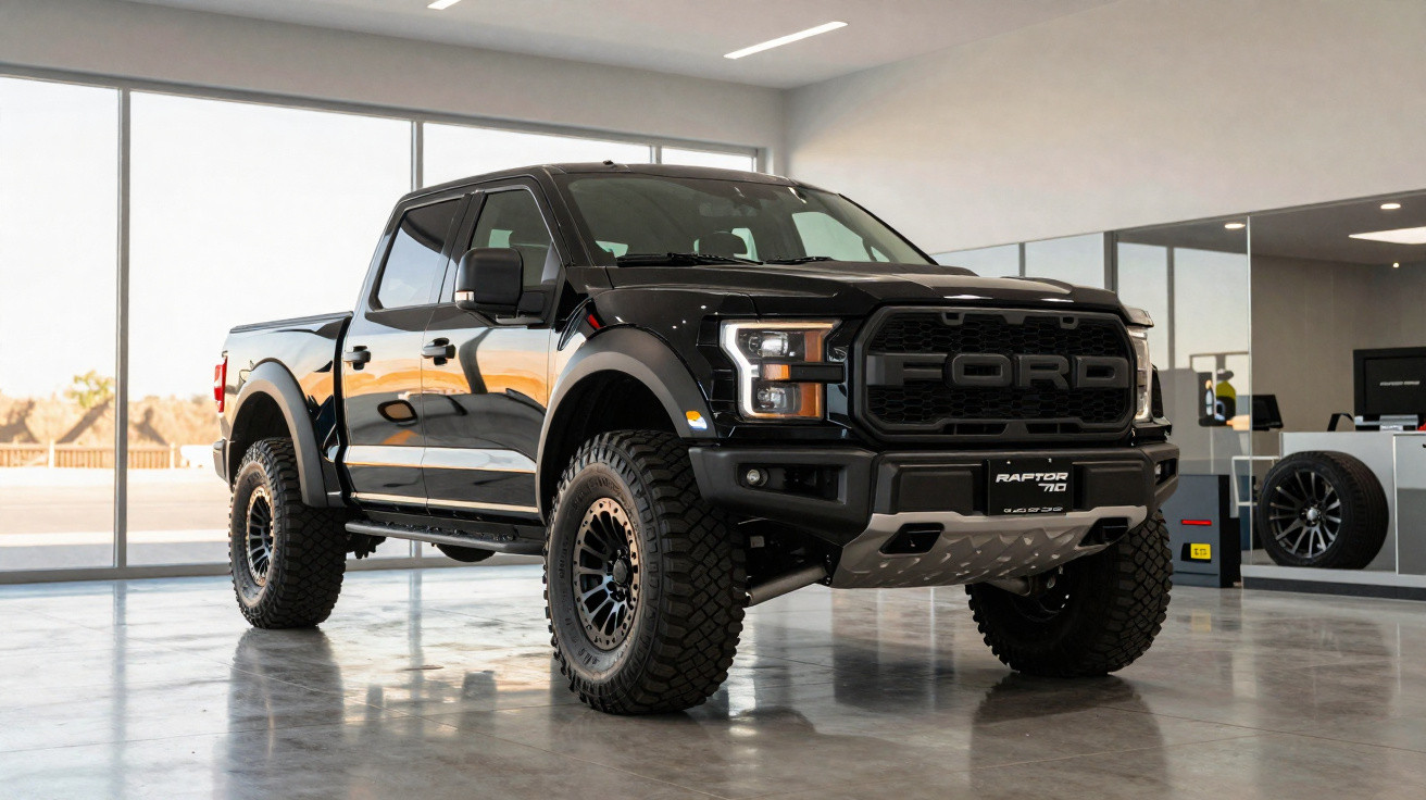 Picape Ford Raptor preta estacionada em showroom com piso de concreto e janelas amplas.
