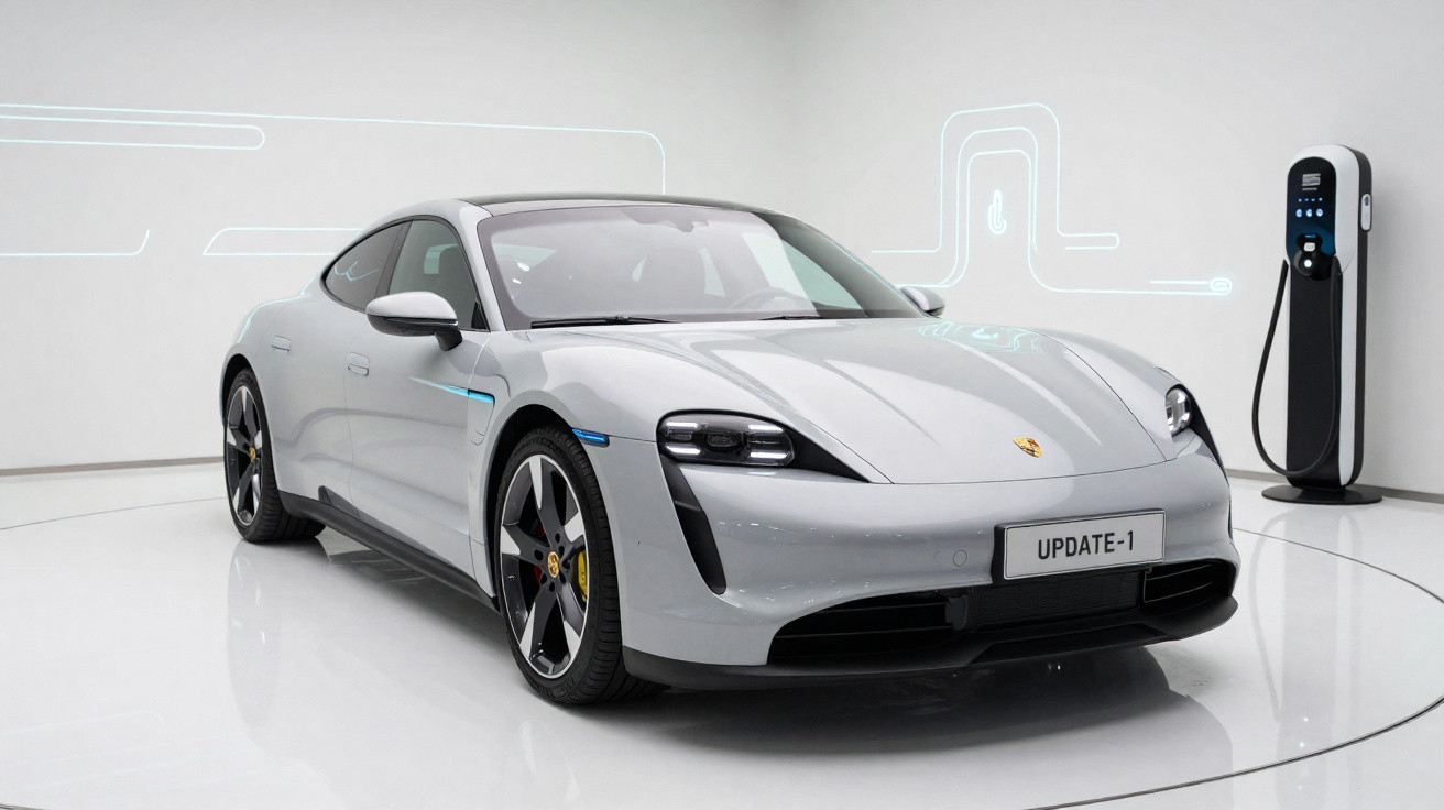 Carro elétrico esportivo prata estacionado ao lado de um carregador em ambiente branco e minimalista.