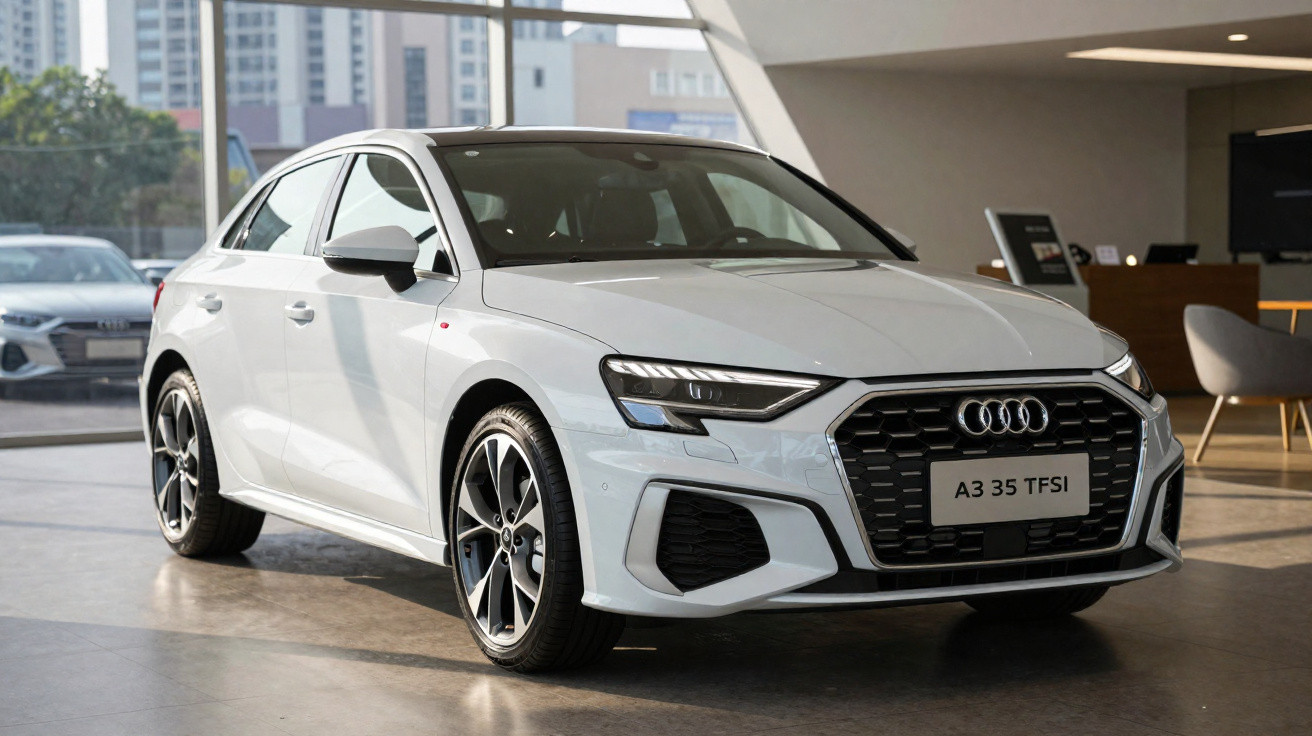 Carro Audi A3 35 TFSI branco exibido em showroom com iluminação natural e prédios ao fundo.
