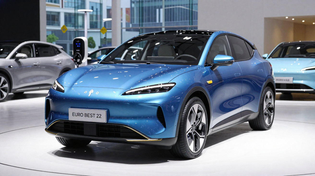 Carro elétrico azul metálico exibido em salão de automóveis com fundo de prédio e outros veículos.