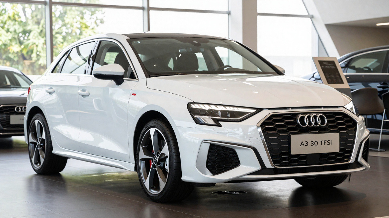 Audi A3 30 TFSI branco em exposição em showroom com design moderno e rodas esportivas.
