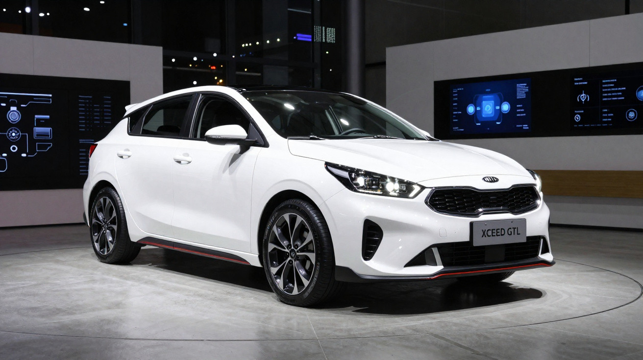 Carro branco Kia XCeed GTL estacionado em ambiente interno moderno com luzes e telas ao fundo.