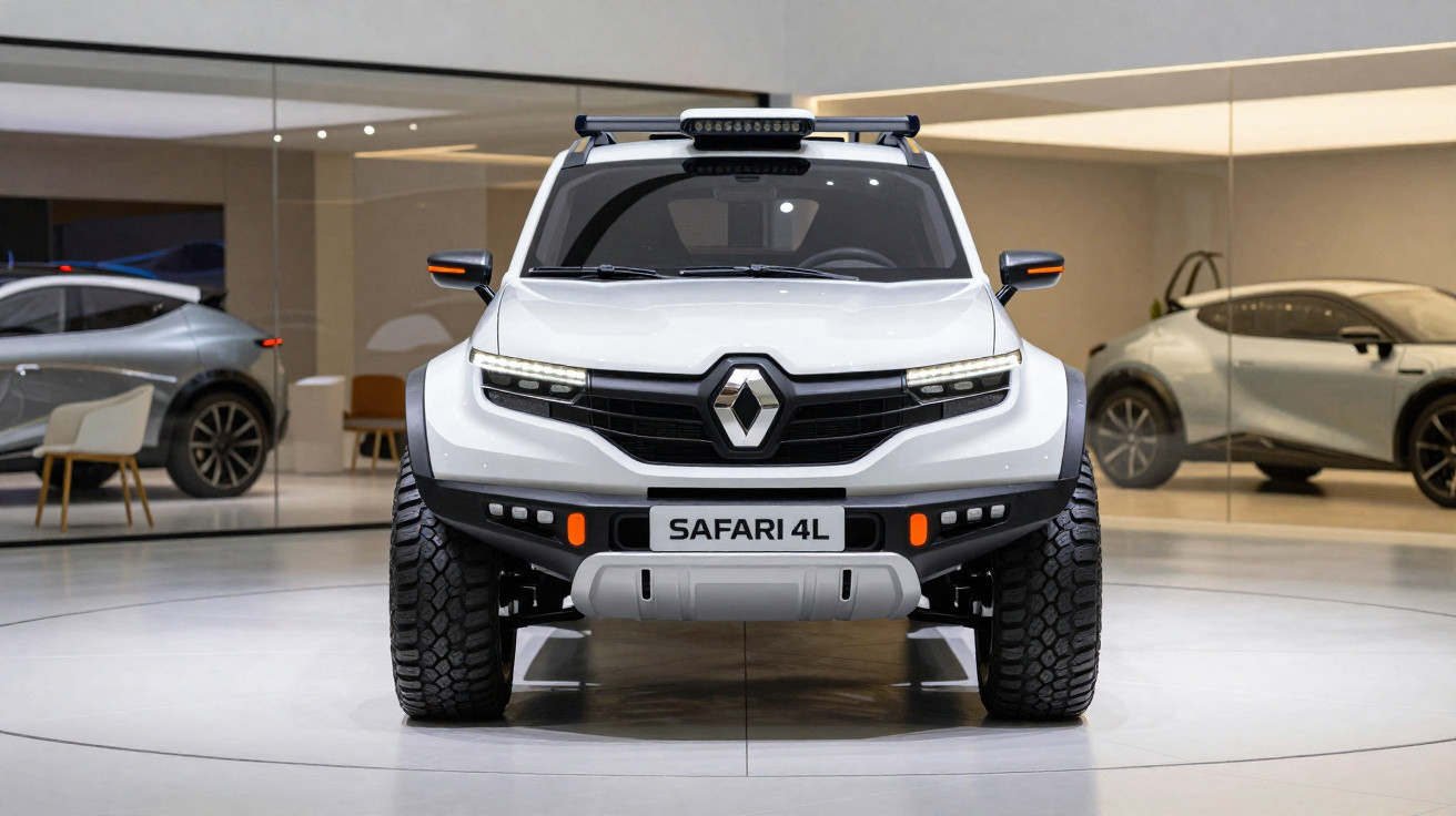 Carro Renault Safari 4L branco em exposição, com pneus largos e design robusto, visto de frente.