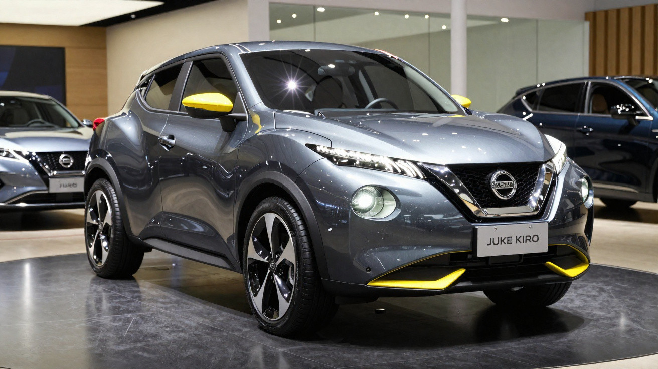 Carro Nissan Juke Kiro cinza com detalhes amarelos em exposição interna de concessionária.