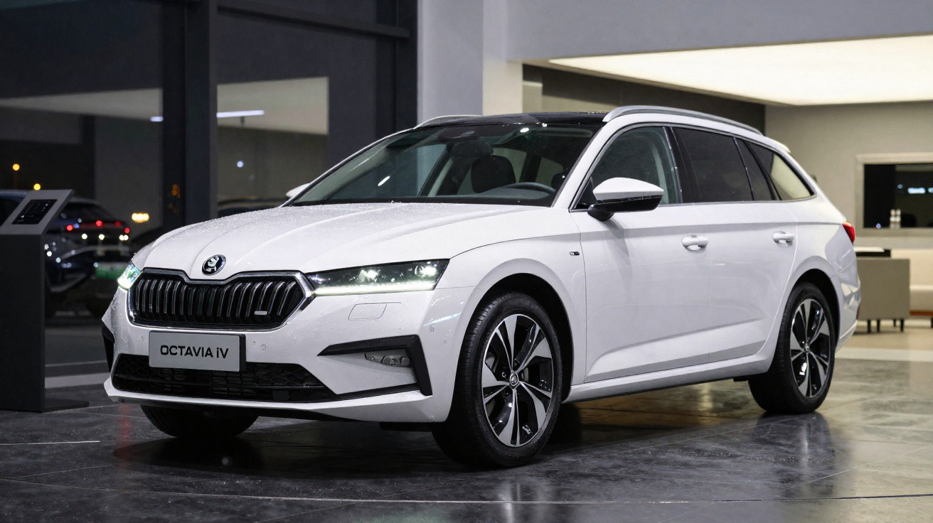 Carro branco Škoda Octavia IV estacionado em ambiente interno com iluminação artificial.