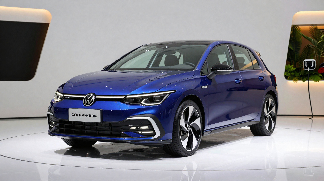 Carro Volkswagen Golf Hybrid azul exibido em ambiente interno com iluminação branca e plantas ao fundo.