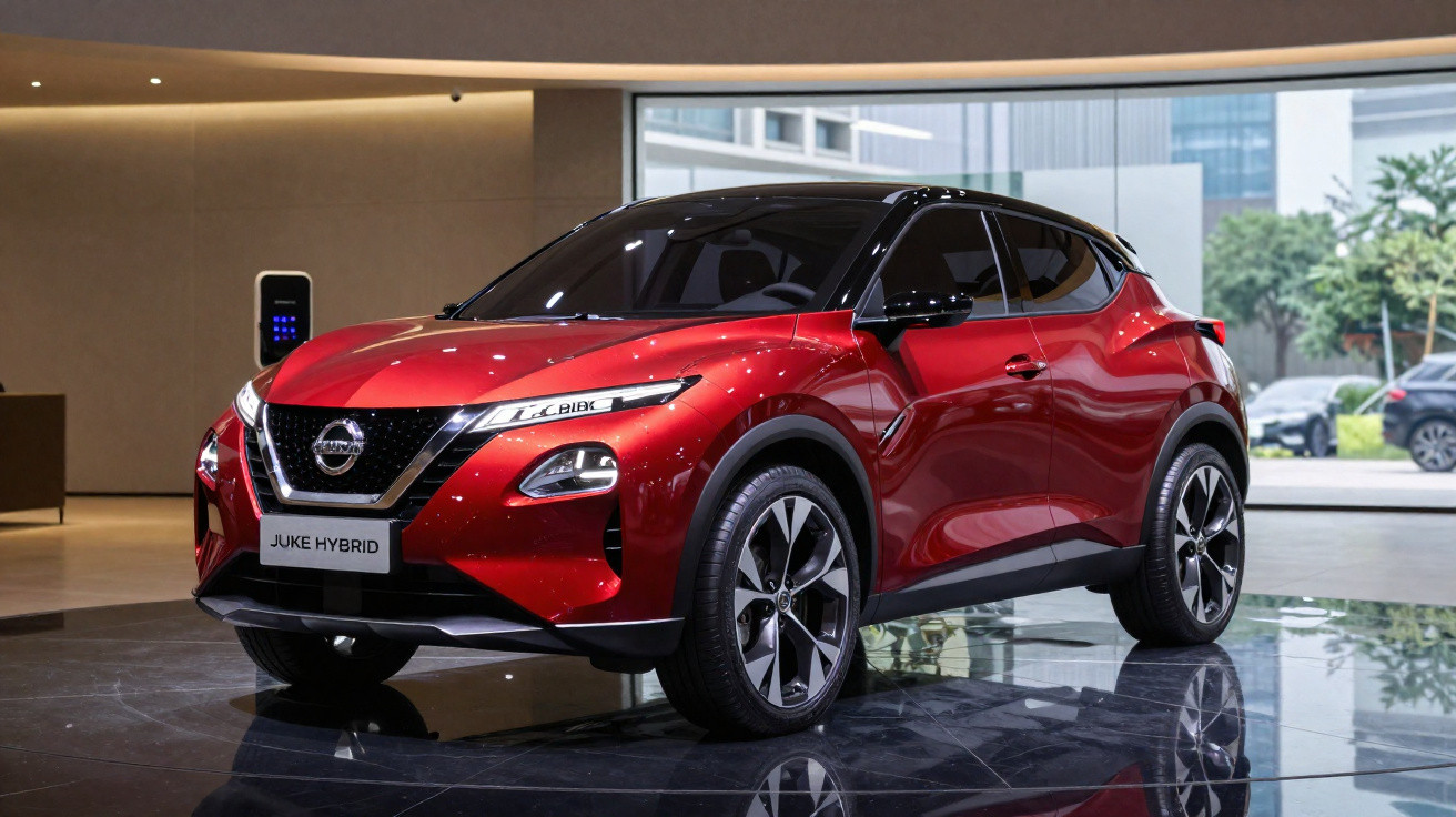 Carro Nissan Juke Hybrid vermelho exposto em ambiente moderno com piso refletivo.