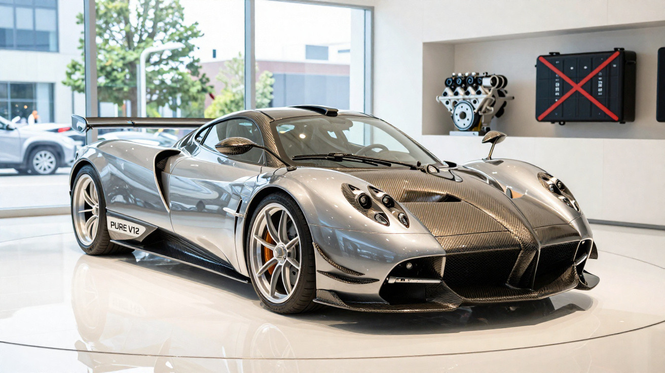 Carro esporte prata com detalhes em fibra de carbono exposto em showroom moderno com grande janela.
