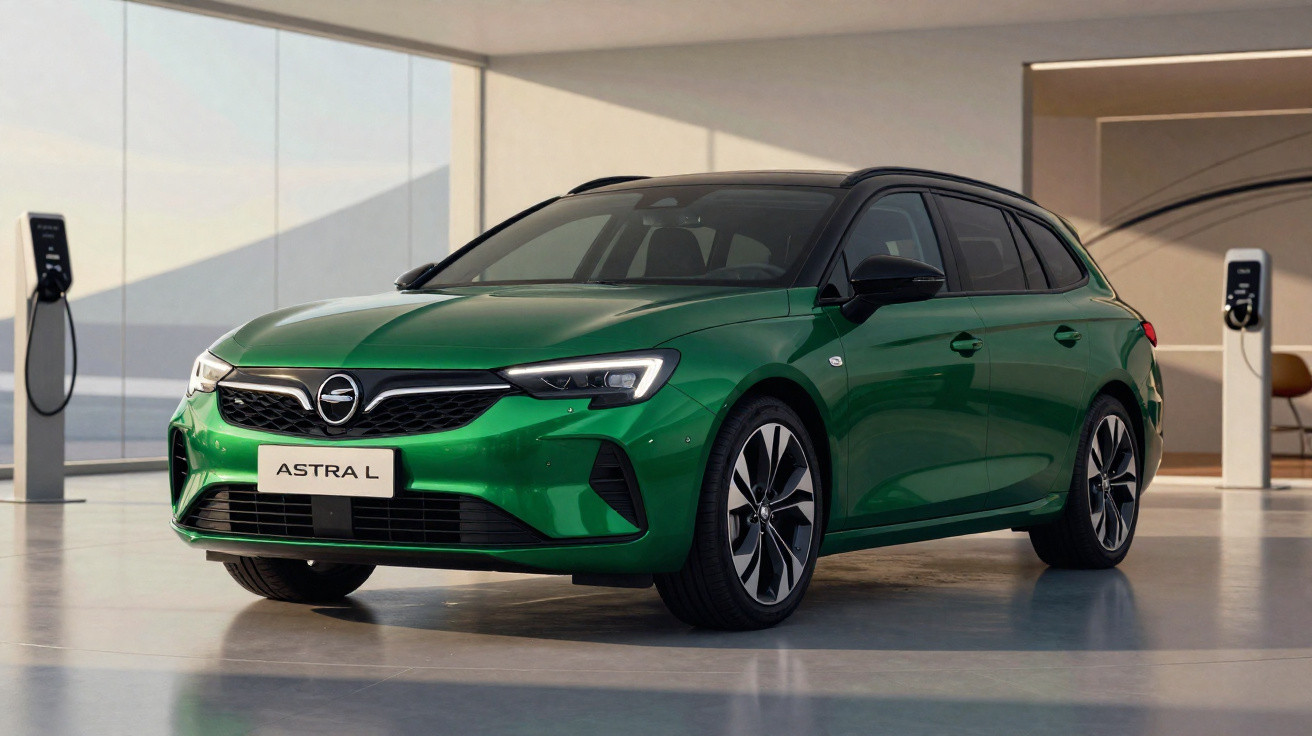 Carro verde elétrico Opel Astra L estacionado em garagem com dois pontos de recarga ao fundo.