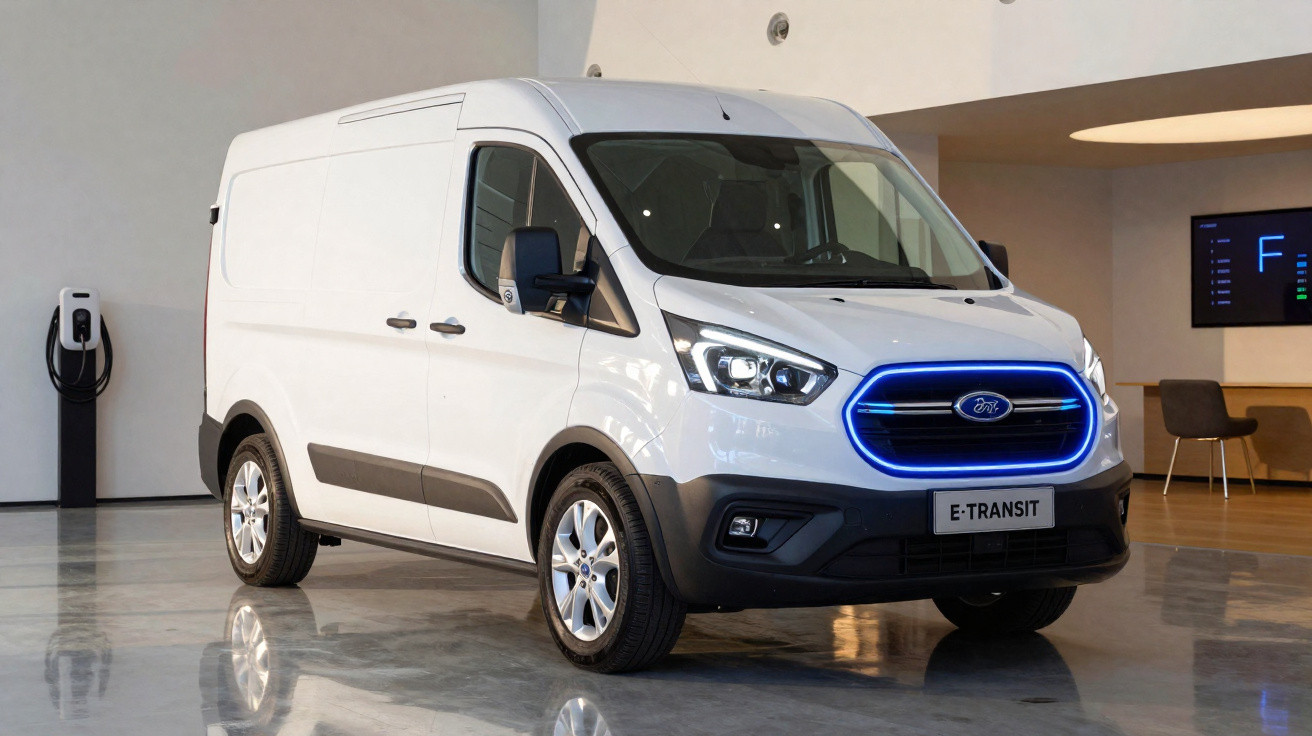 Van elétrica branca estacionada em ambiente interno com carregador ao fundo.