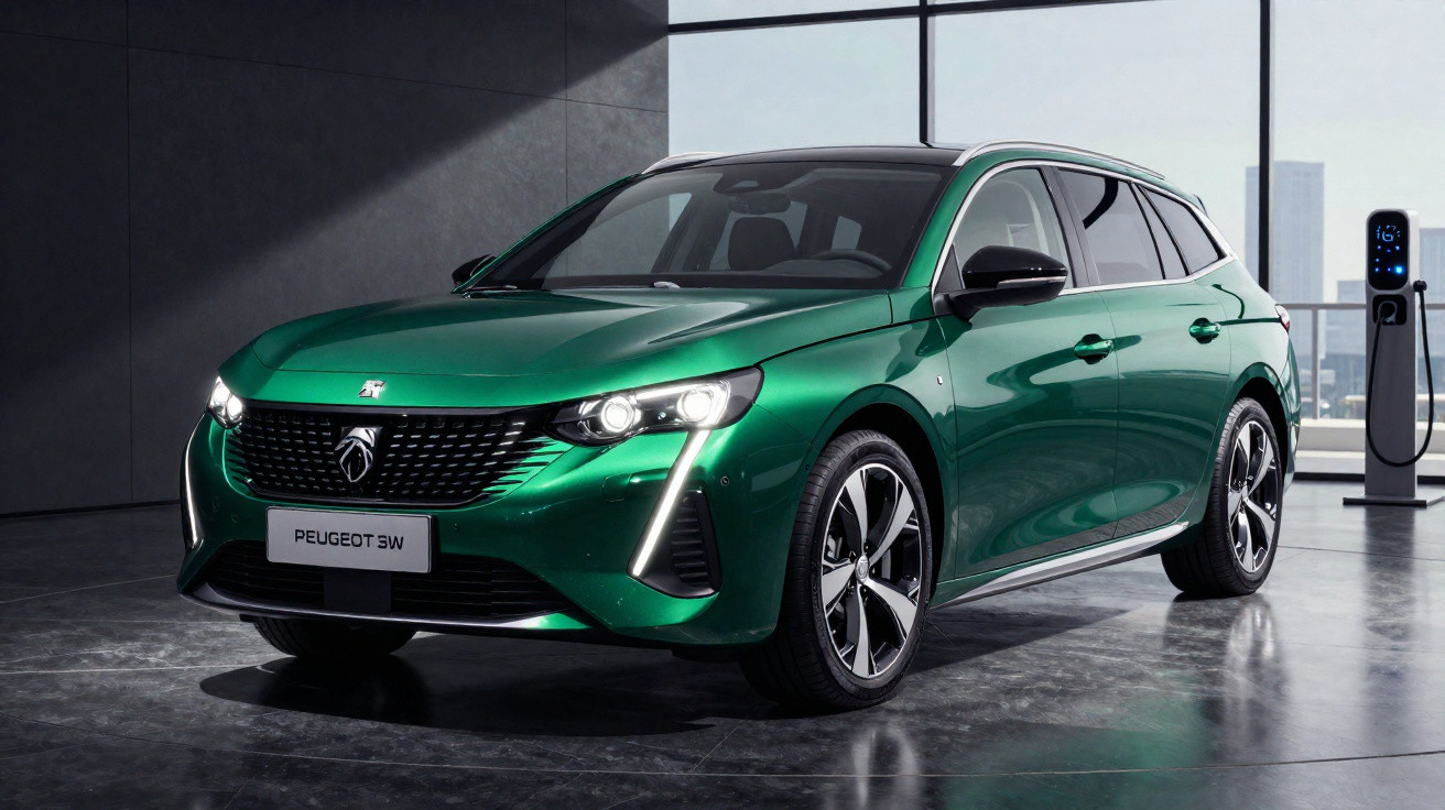 Carro elétrico Peugeot SW verde estacionado em ambiente interno moderno com estação de recarga.