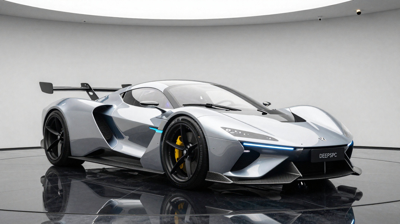 Carro esportivo futurista prateado com design aerodinâmico e detalhes em azul e preto em estúdio.