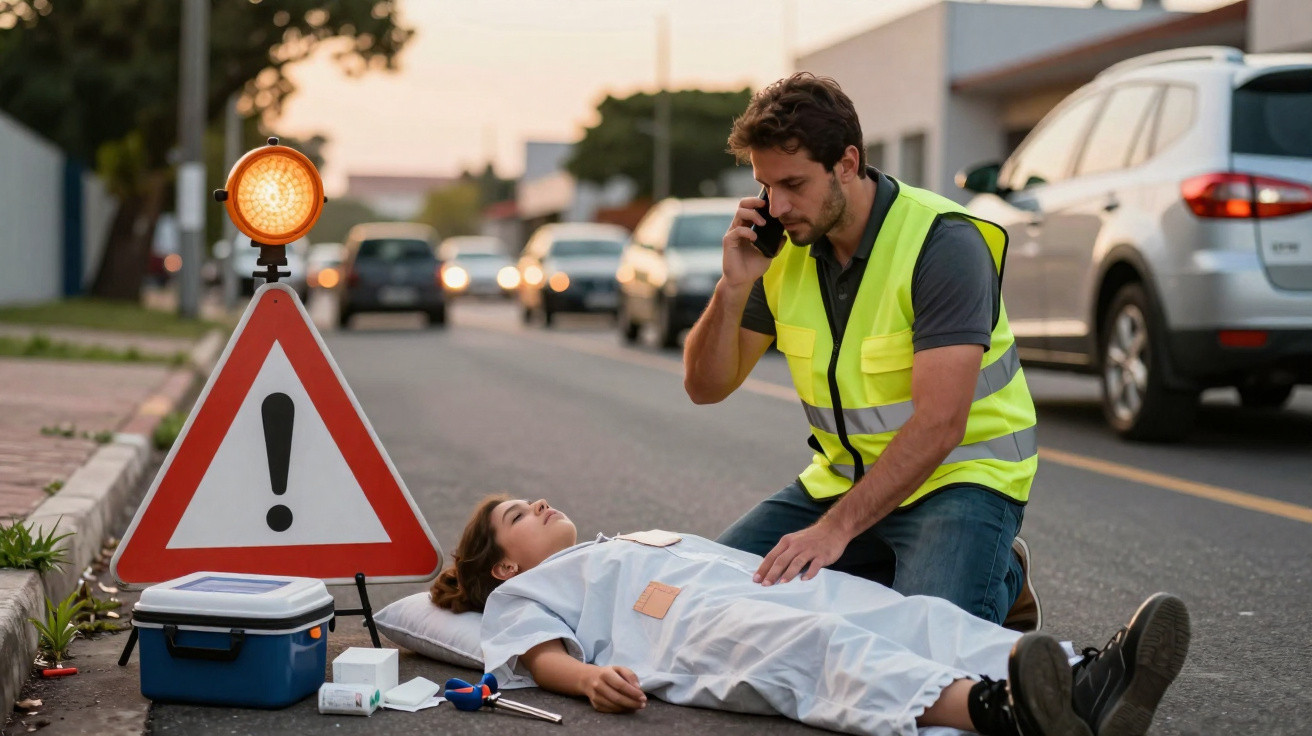 Homem de colete refletivo chama ajuda no celular enquanto socorre mulher deitada na rua, ao lado de sinal de alerta.