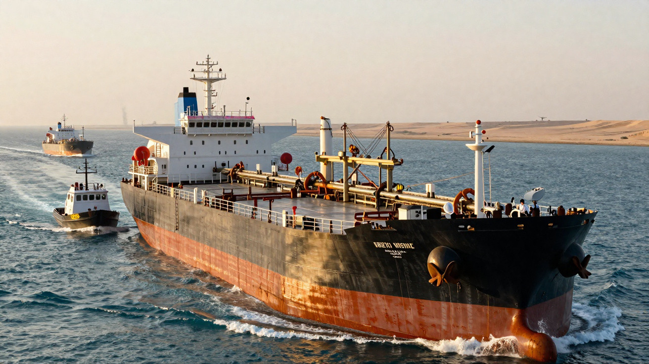 Navio cargueiro preto e vermelho navegando em canal próximo a costa arenosa com outros dois barcos atrás.