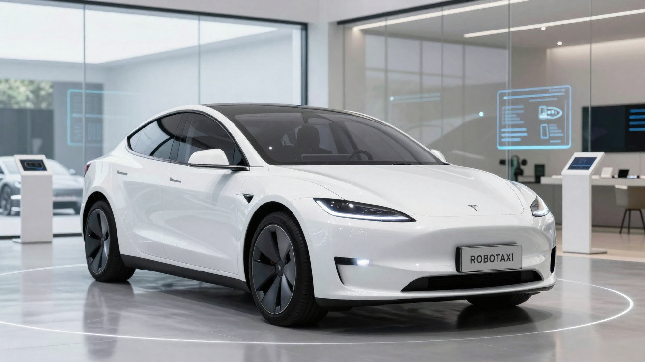 Carro elétrico branco Tesla modelo robô táxi em exposição dentro de showroom moderno.