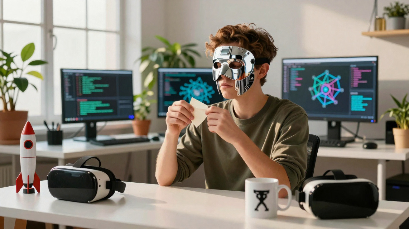 Jovem usando máscara futurista em mesa com óculos de realidade virtual, computadores e modelo de foguete.