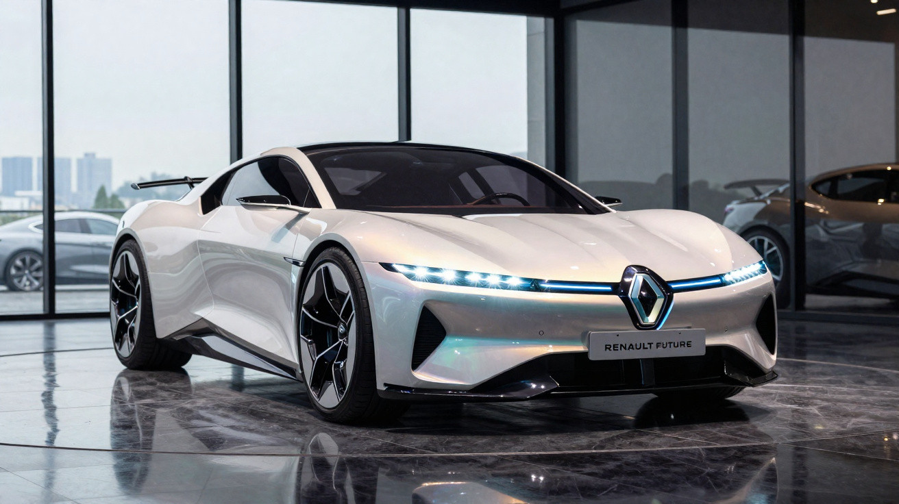 Carro esportivo branco Renault Future elétrico em showroom moderno com luzes diurnas acesas.