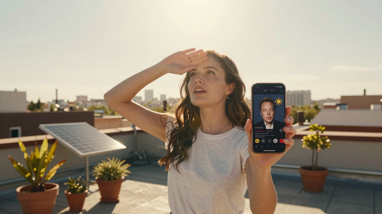 Mulher segurando celular com previsão do tempo, protegendo os olhos do sol em terraço com plantas e placas solares.