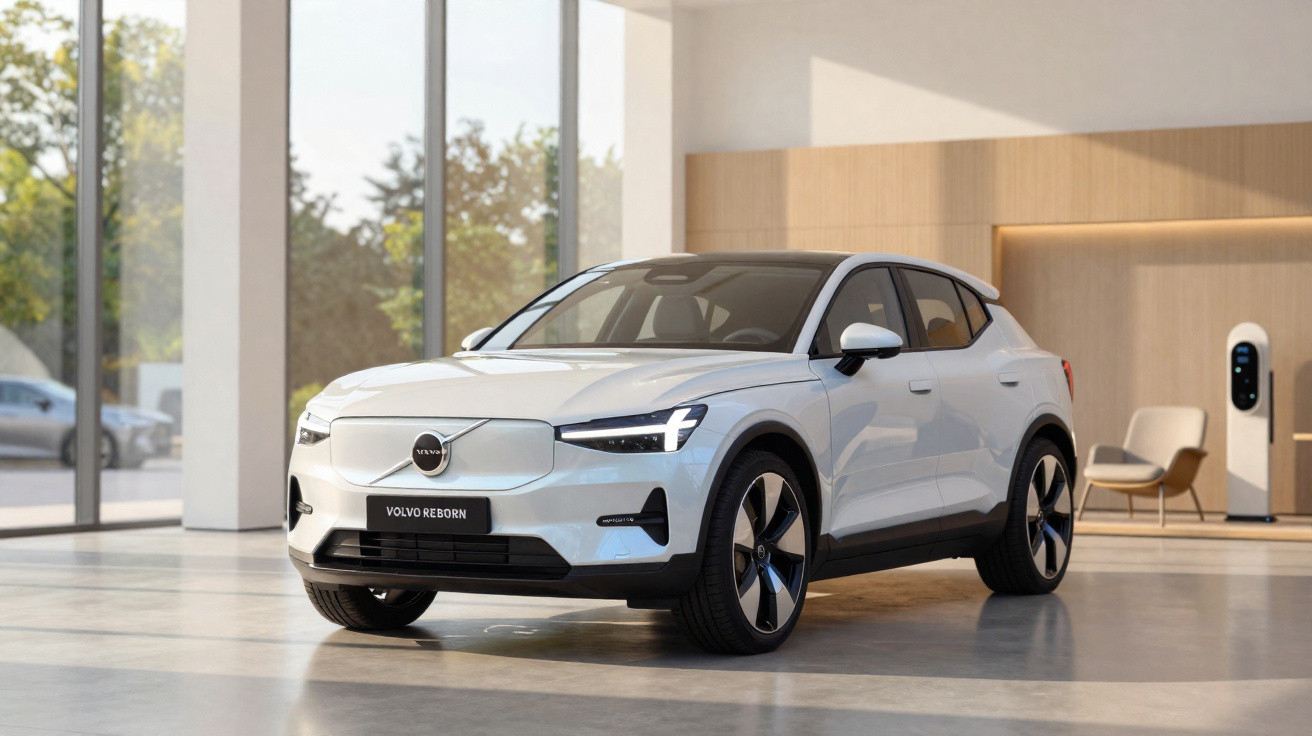 Carro elétrico branco Volvo estacionado em ambiente interno moderno e iluminado.