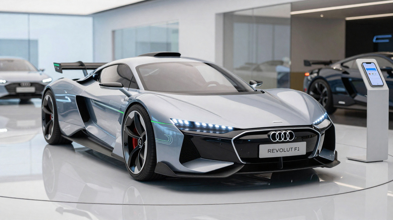 Carro esportivo elétrico prata Audi Revolut F1 em exposição em showroom moderno e iluminado.