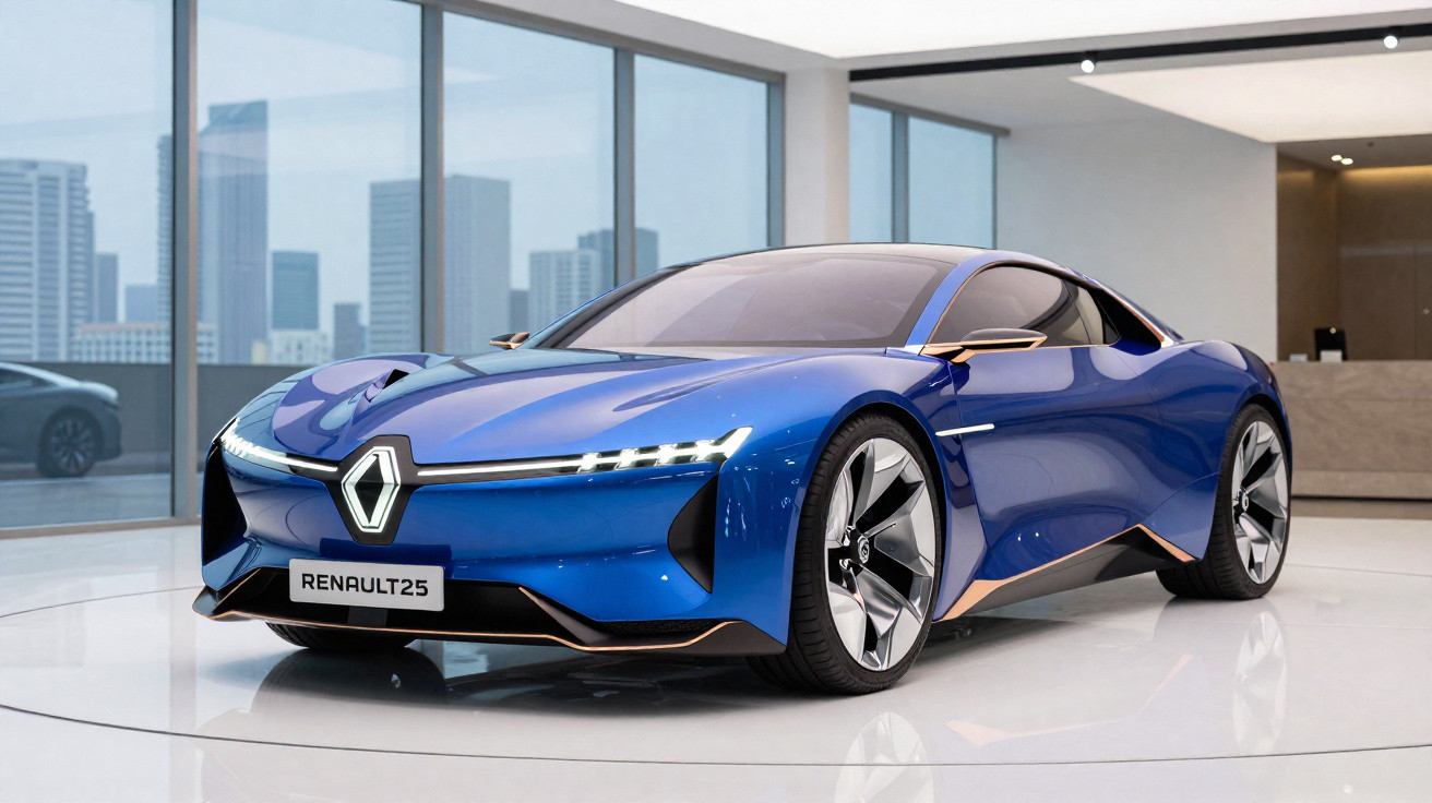 Carro esportivo elétrico azul Renault 25 exposto em ambiente moderno com vidros grandes e vista urbana.