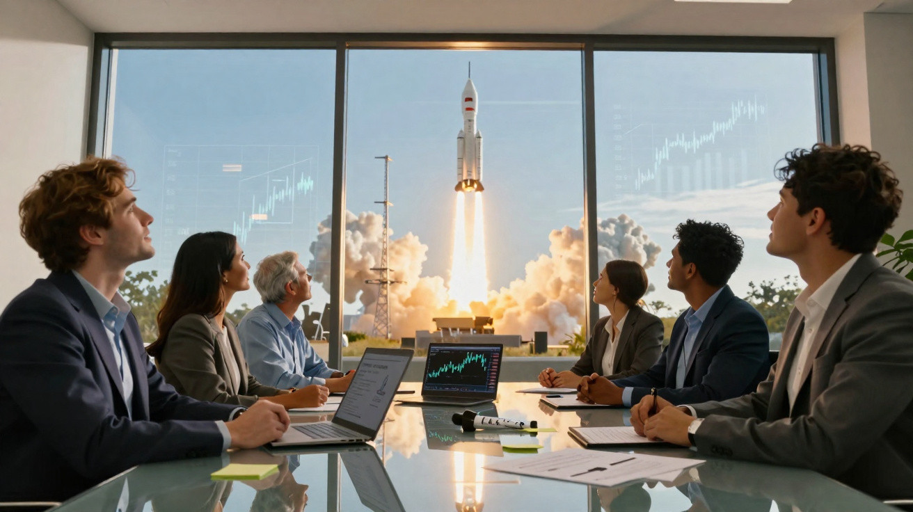 Equipe de negócios observando lançamento de foguete através de janela em reunião corporativa.