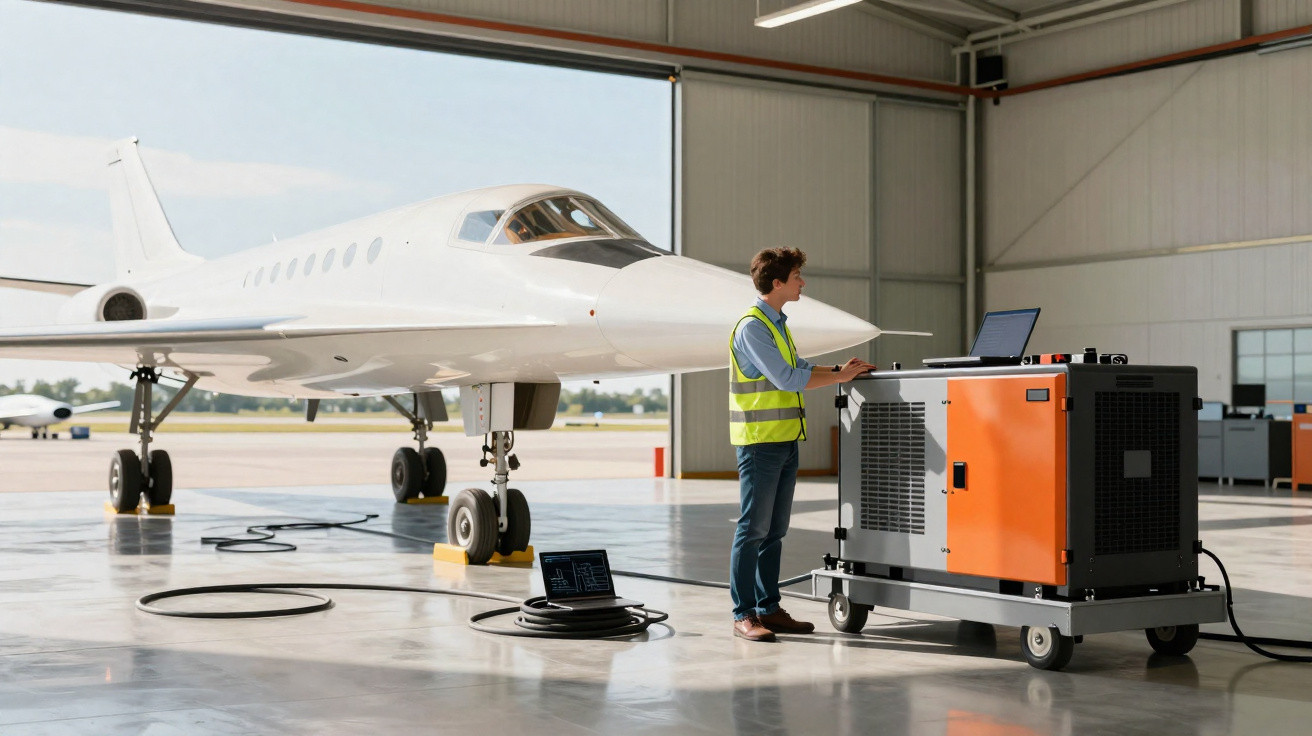 Homem com colete refletivo operando equipamento eletrônico ao lado de jato privado em hangar.