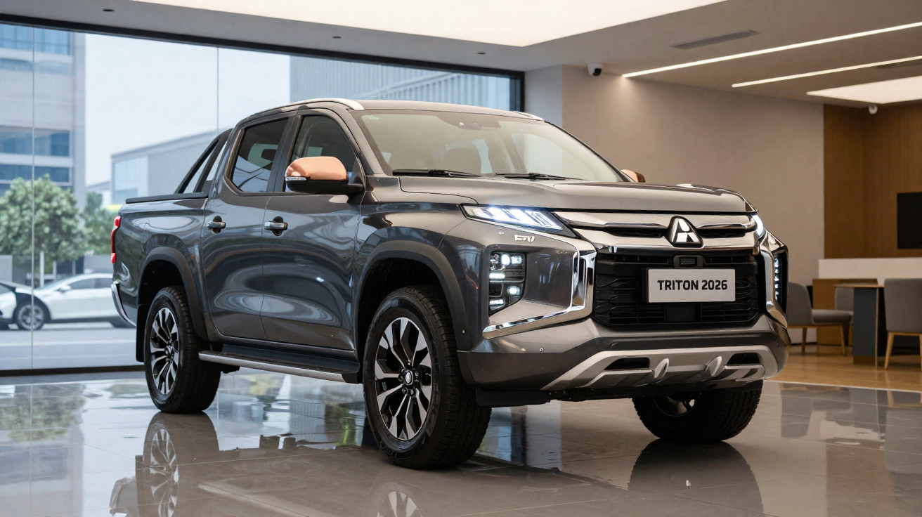 Picape Mitsubishi Triton 2026 cinza exposta em showroom com design moderno e detalhes em cromado.