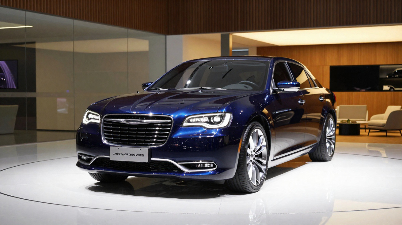 Carro Chrysler 300 2025 azul escuro exposto em salão moderno com piso brilhante e parede cinza.