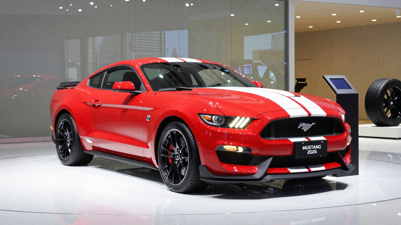 Carro esportivo Ford Mustang vermelho com faixa branca em exposição interna iluminada.