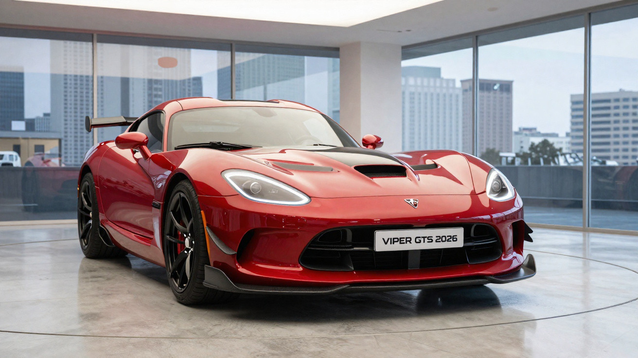 Carro esportivo vermelho Viper GTS 2026 em exposição dentro de showroom com vidro e prédios ao fundo.