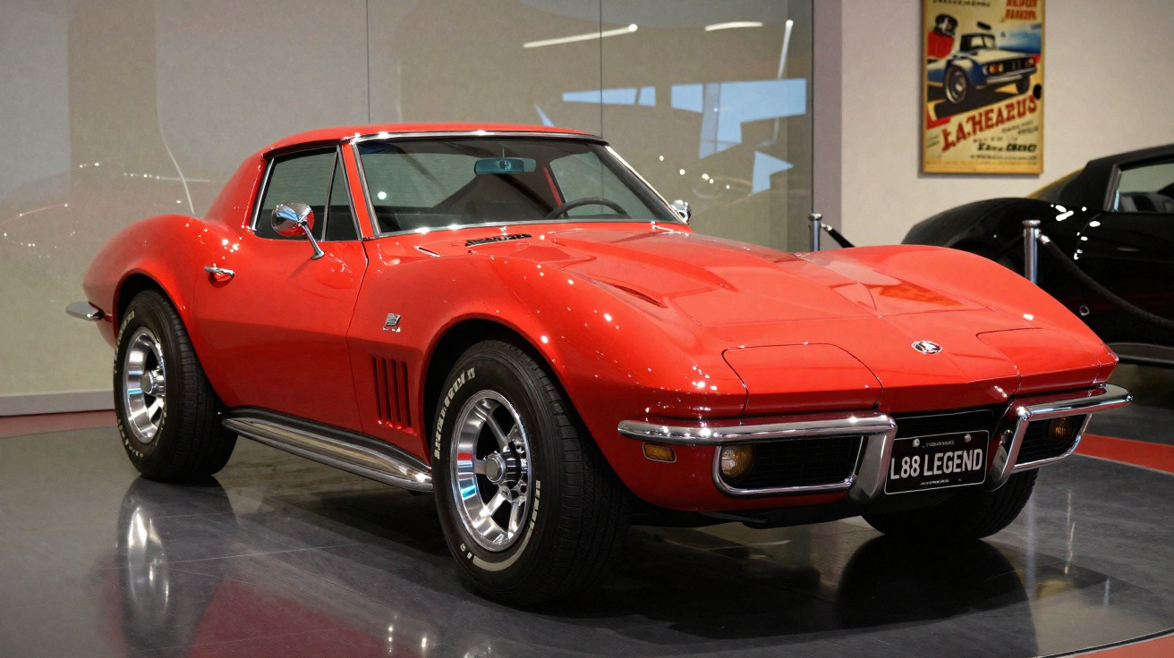 Carro esportivo clássico vermelho Chevrolet Corvette estacionado em exposição interna.