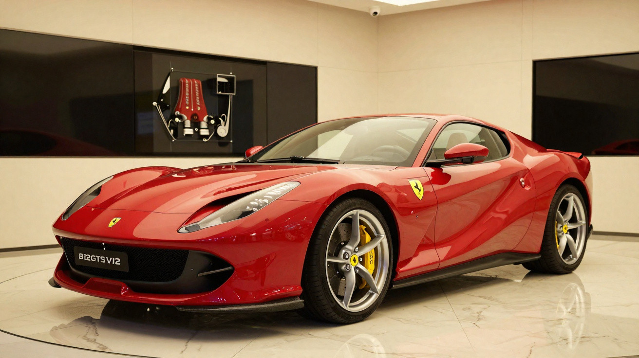 Carro esportivo Ferrari 812 GTS V12 vermelho exibido em salão com piso de mármore e paredes claras.