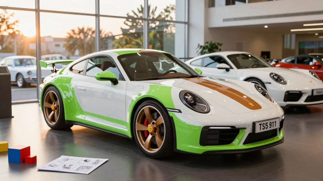 Carro esportivo branco com faixas verdes e douradas em showroom iluminado ao pôr do sol.