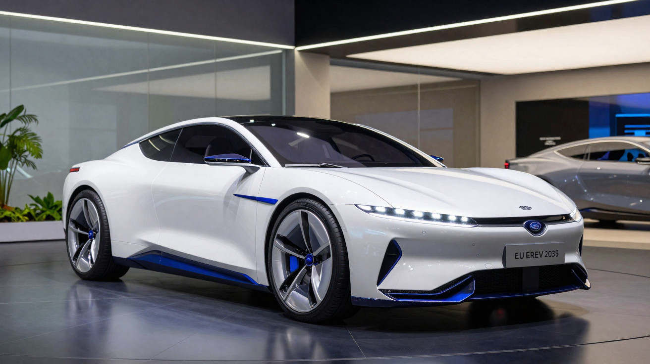 Carro esportivo elétrico branco futurista exibido em ambiente interno moderno com iluminação destacada.