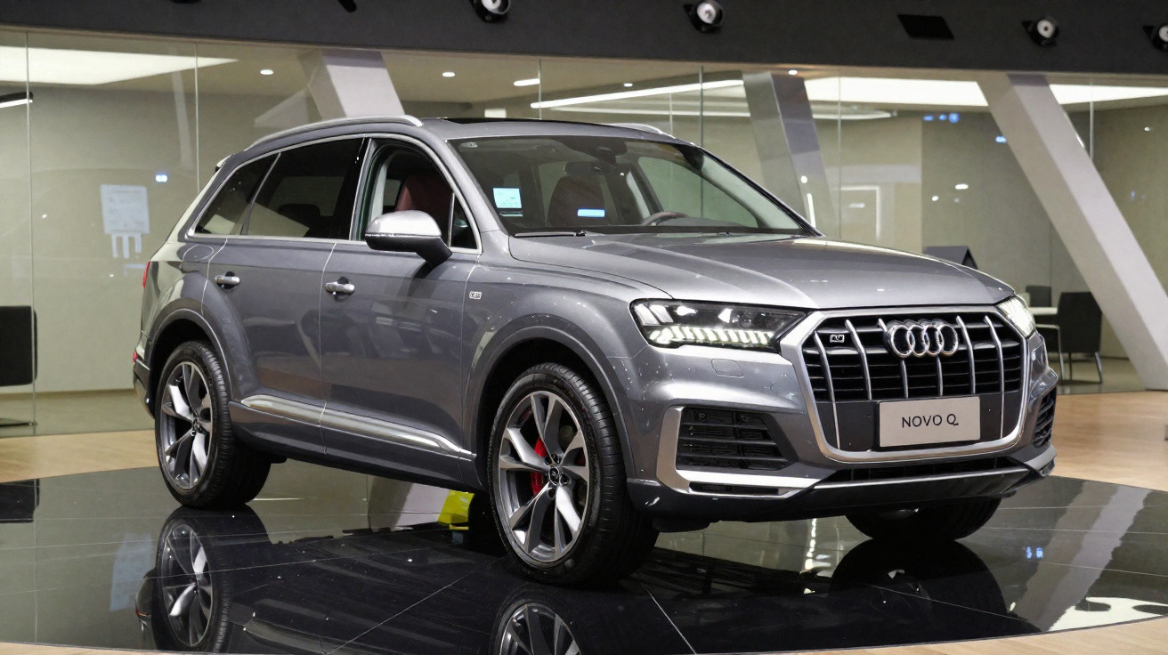 Audi Q7 cinza estacionado em showroom moderno com teto preto e rodas esportivas.