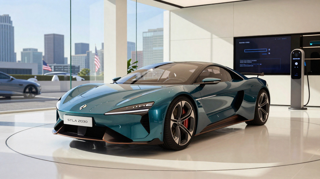 Carro esportivo elétrico verde com design futurista exposto em showroom moderno com vista para cidade.