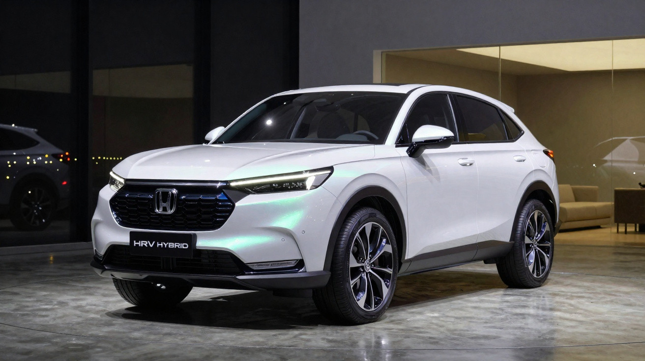 Carro SUV branco Honda HR-V Hybrid estacionado em ambiente interno com piso de concreto polido.