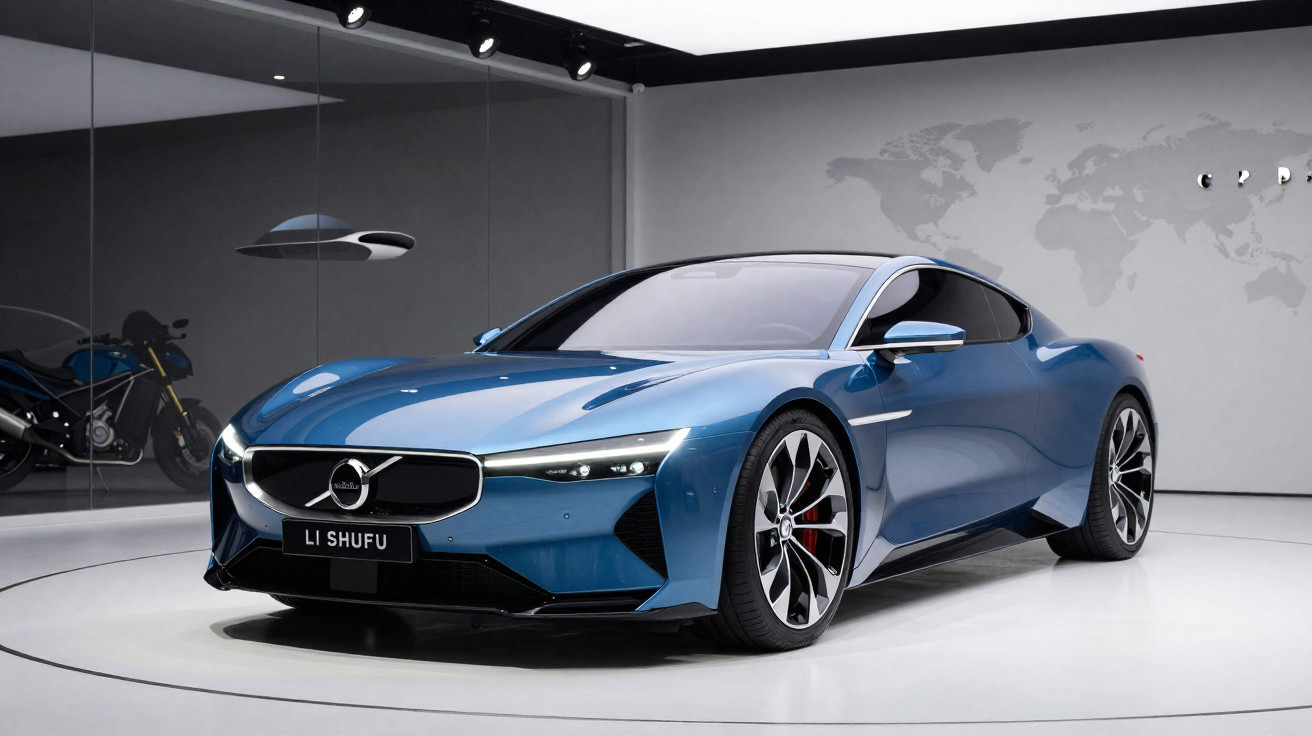 Carro esportivo elétrico azul Volvo Li Shufu em exposição minimalista com parede branca e moto ao fundo.