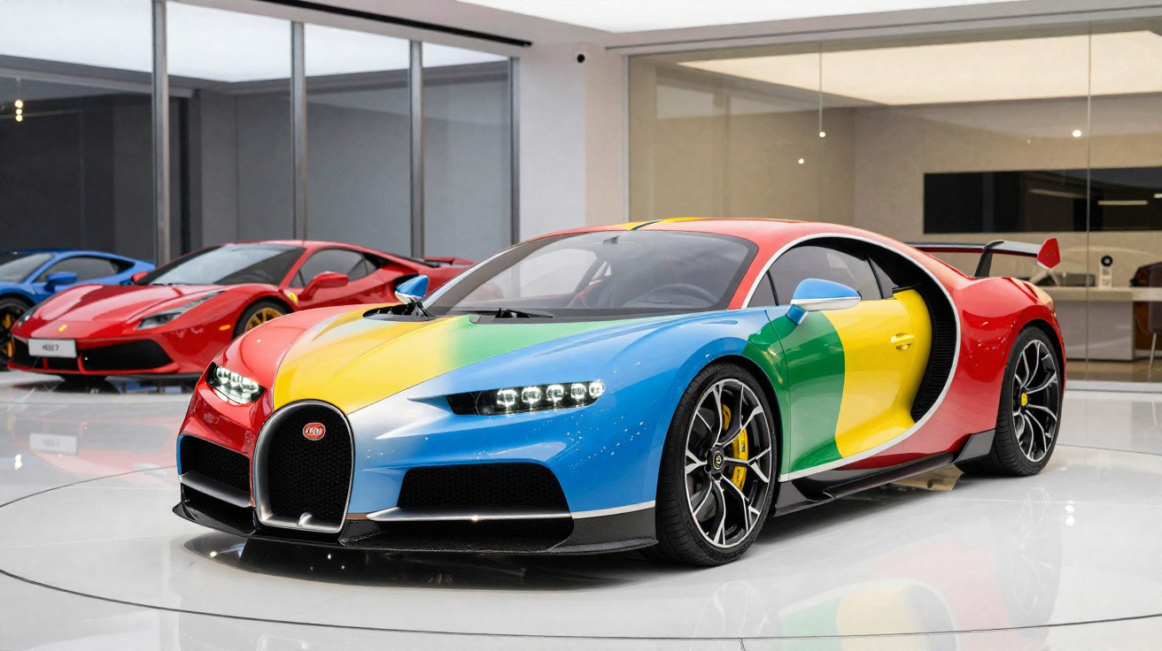 Carro esportivo Bugatti Chiron com pintura colorida em azul, amarelo, verde e vermelho em showroom moderno.