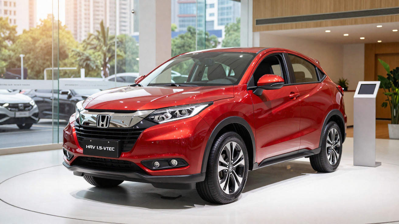 Carro Honda HR-V vermelho exposto em showroom moderno com vidro e prédios ao fundo.