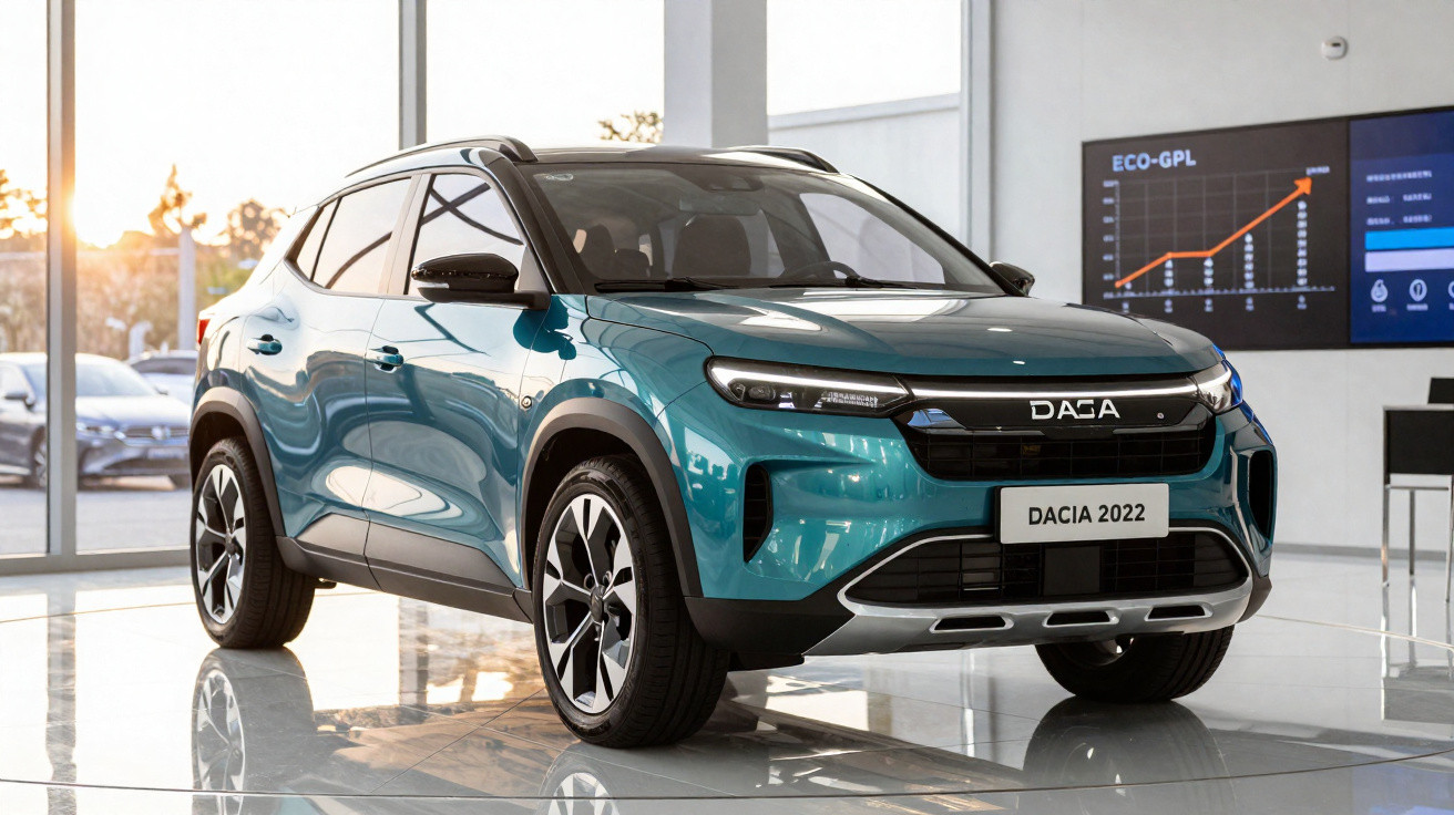 SUV Dacia 2022 azul em showroom com piso refletivo e gráfico de eficiência energética ao fundo.