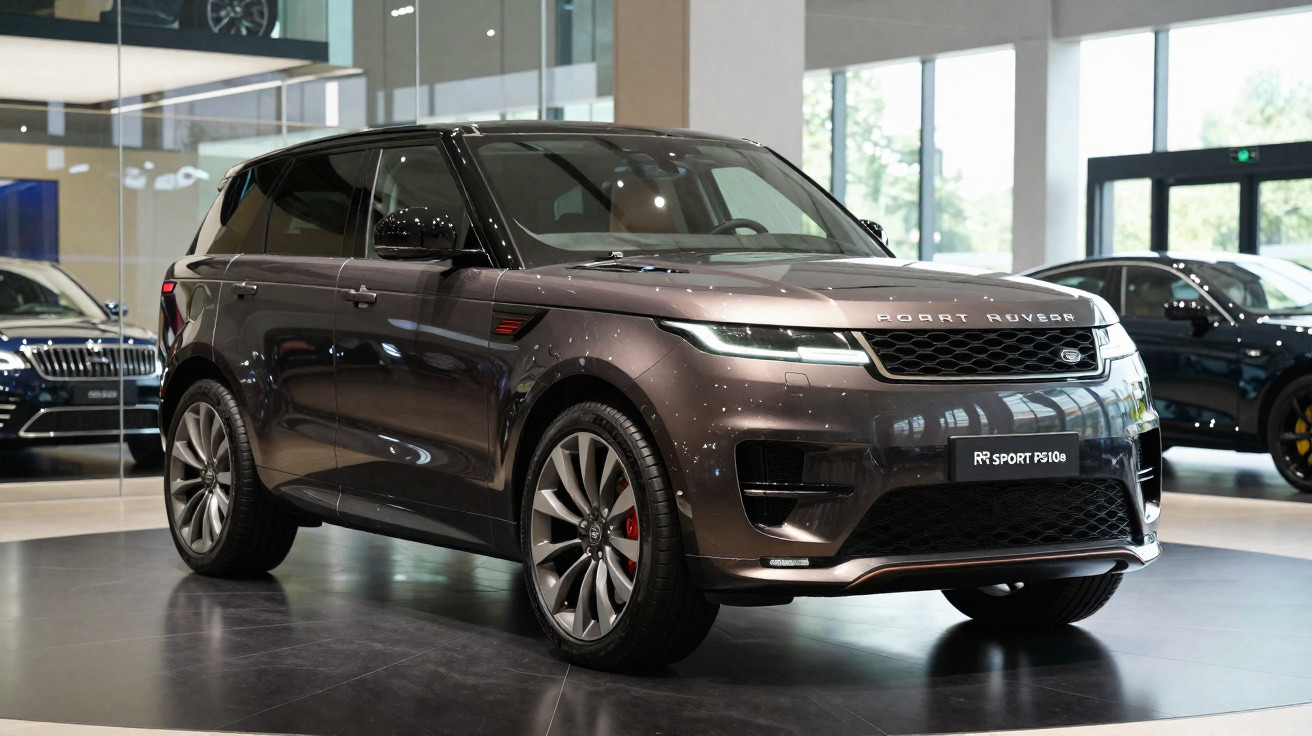 SUV cinza escuro Land Rover em exposição dentro de concessionária com piso preto e iluminação natural.