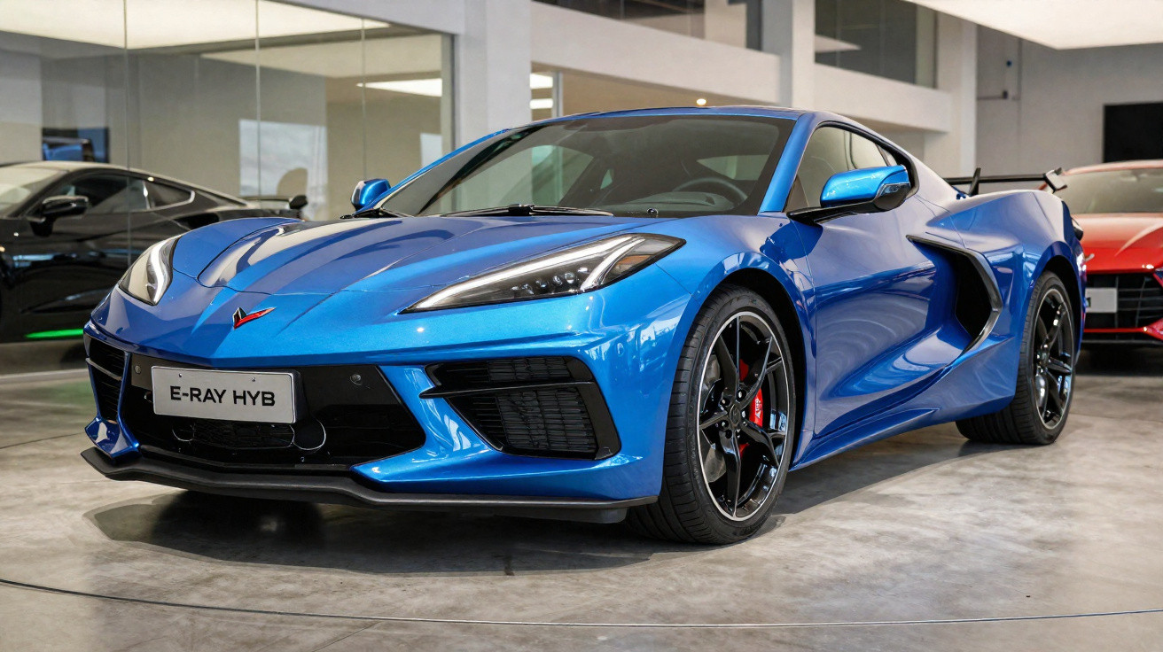 Carro esportivo azul metálico Chevrolet E-Ray Hyb em exposição interna com rodas pretas e detalhes aerodinâmicos.