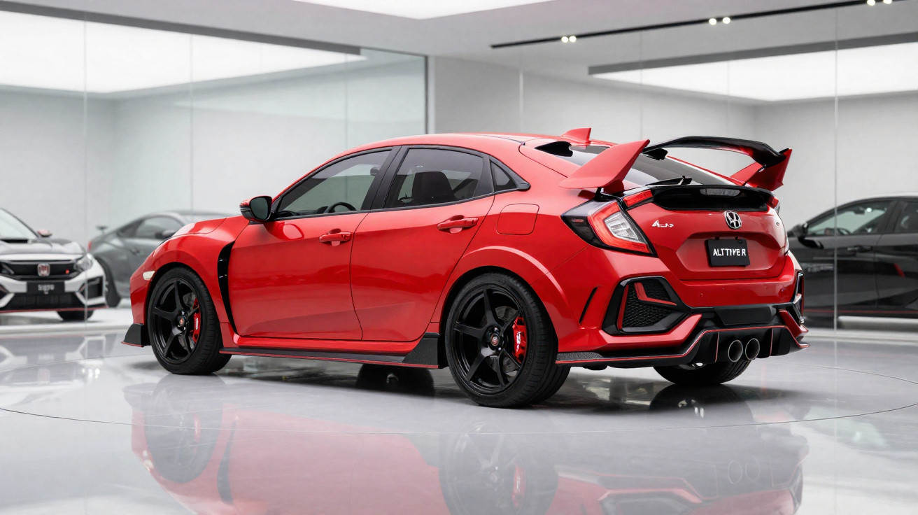Carro esportivo vermelho com aerofólio e detalhes pretos em exposição moderna e iluminada.
