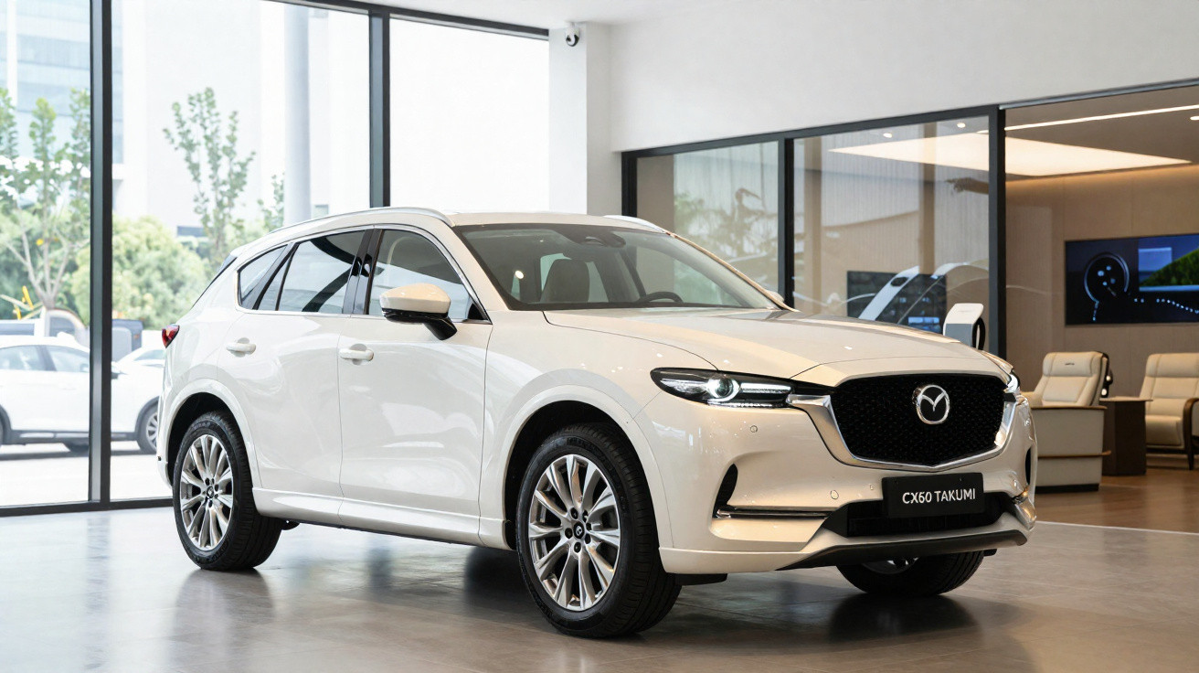 Carro Mazda CX-50 Takumi branco estacionado em showroom moderno com janelas de vidro.