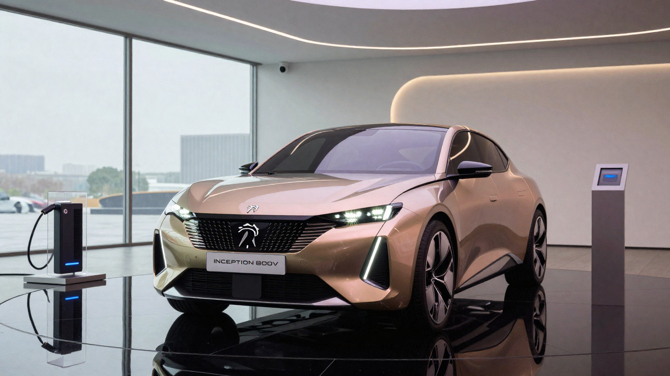 Carro elétrico moderno em exposição com carregador em ambiente interno de design futurista.
