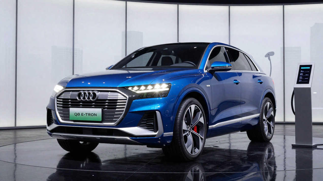 Audi Q8 e-tron azul estacionado em showroom moderno com carregador elétrico ao lado.